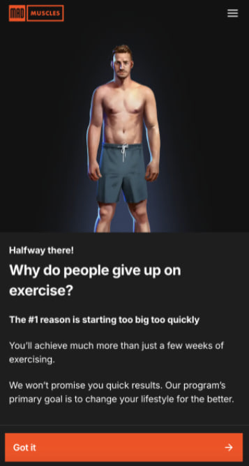 Social proof (“we won’t promise you quick results”) в середине онбординга от Mad Muscles