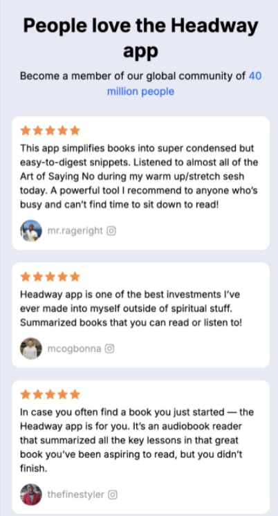 Social proof в виде отзывов непосредственно перед paywall от Headway